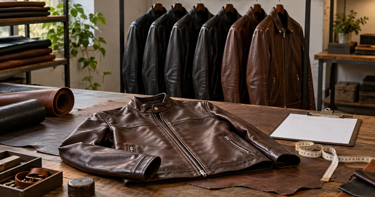 Leather jackets on a rail beside a sample and measuring tape