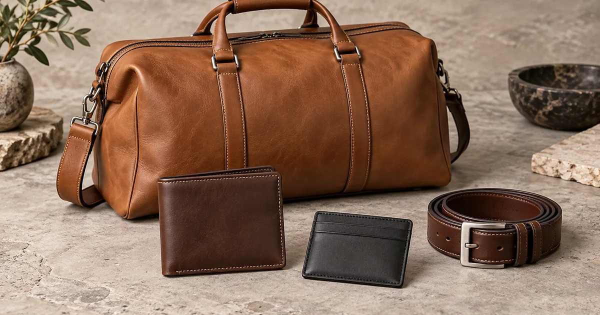 Leather duffel bag, wallet, cardholder and belt on a stone surface