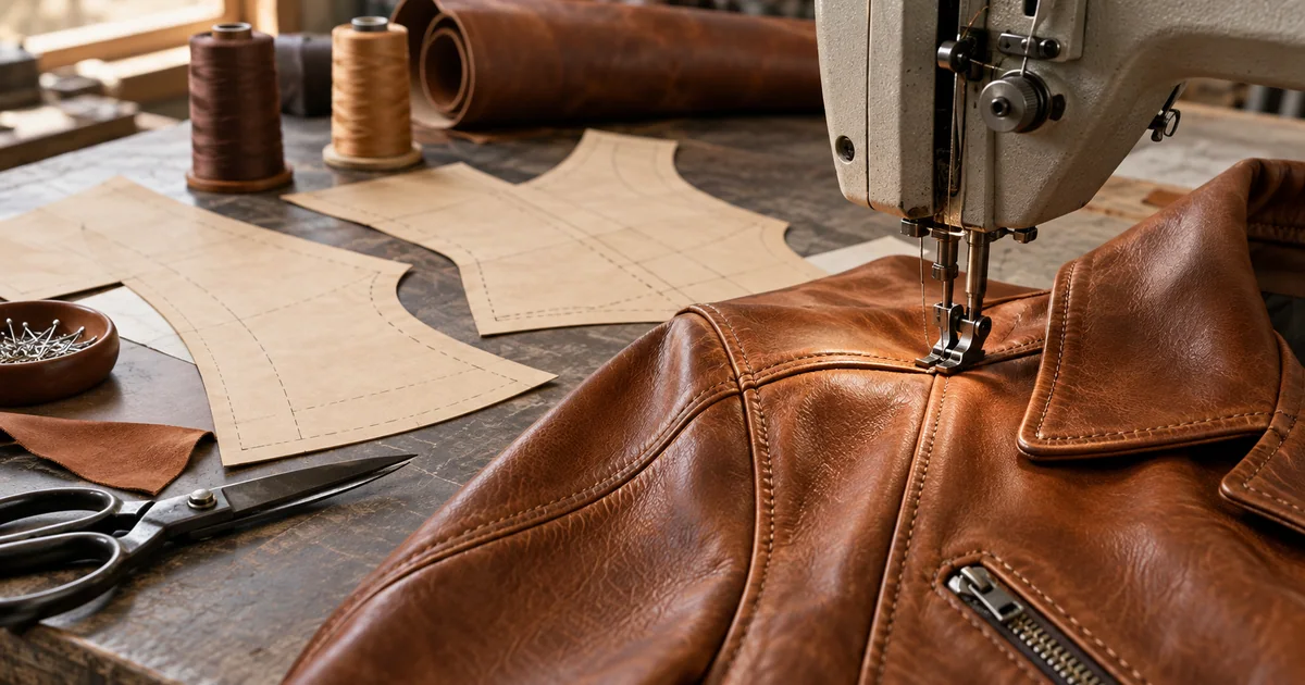Sewing machine stitching a brown leather jacket panel