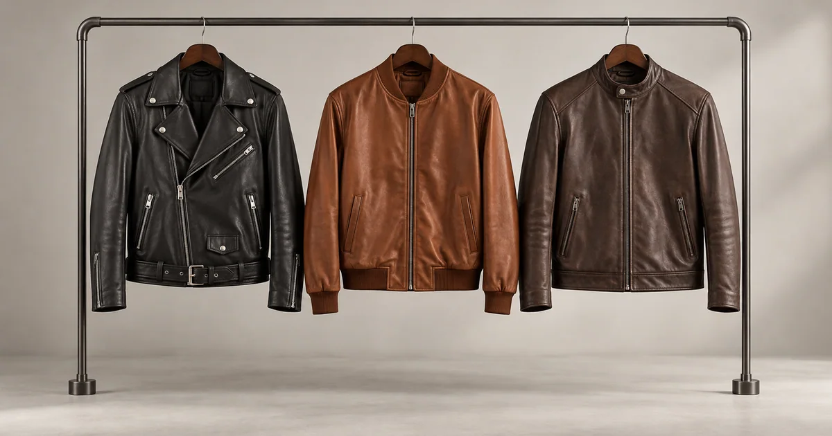 Biker, bomber and café racer leather jackets displayed side by side