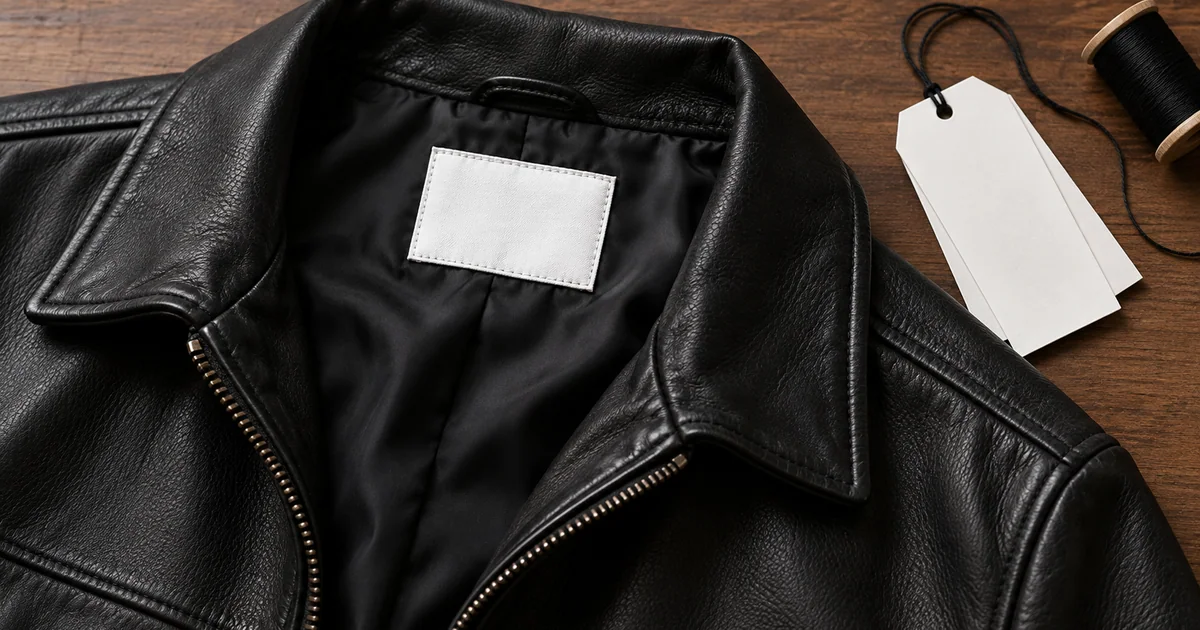 Blank white neck label sewn into a black leather jacket lining