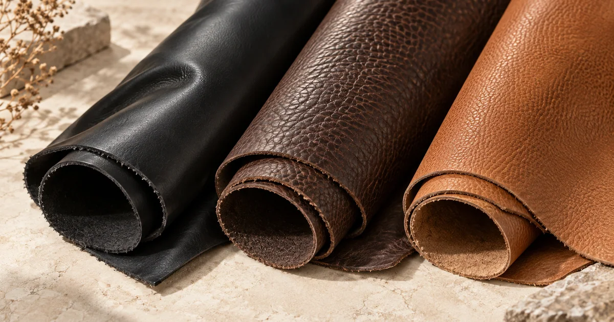 Black, brown and tan leather rolls with different grain textures