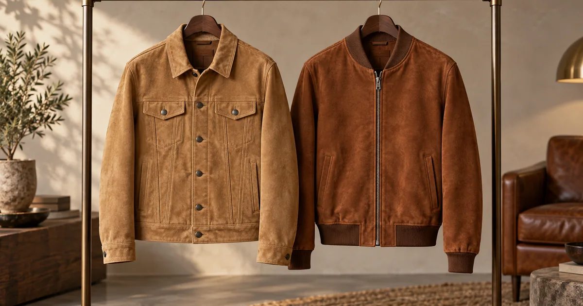 Tan suede trucker and cognac suede bomber jackets side by side