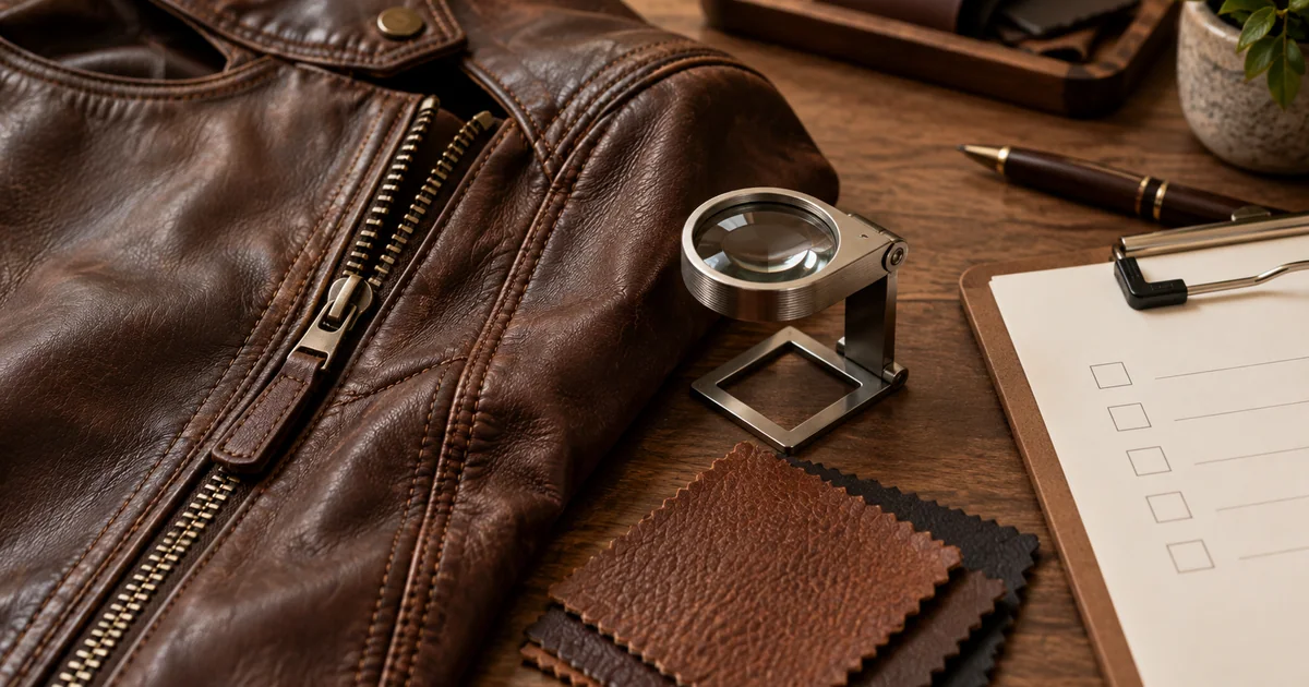 Leather jacket seam and zipper beside an inspection magnifier