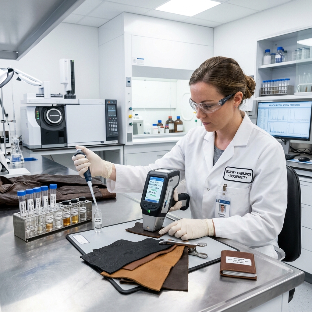 Laboratory testing representing REACH compliance in leather manufacturing