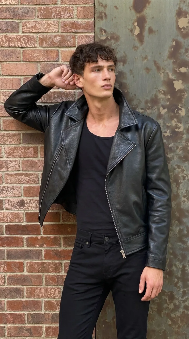 Man wearing Buneri black leather biker jacket