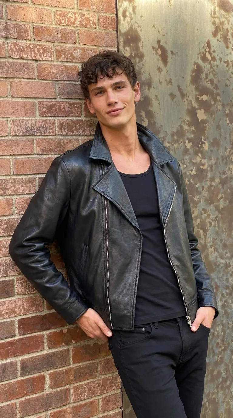Man wearing Buneri black leather biker jacket