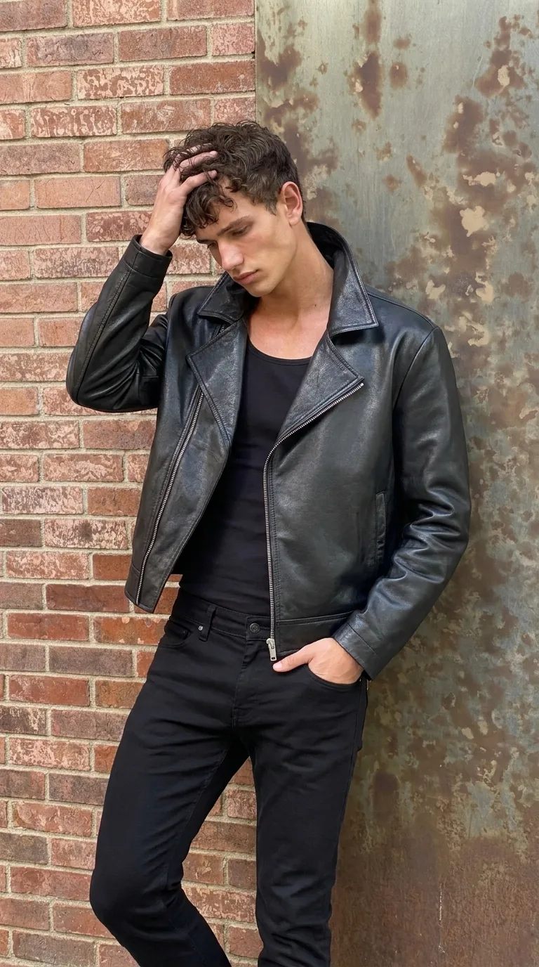 Man wearing Buneri black leather biker jacket