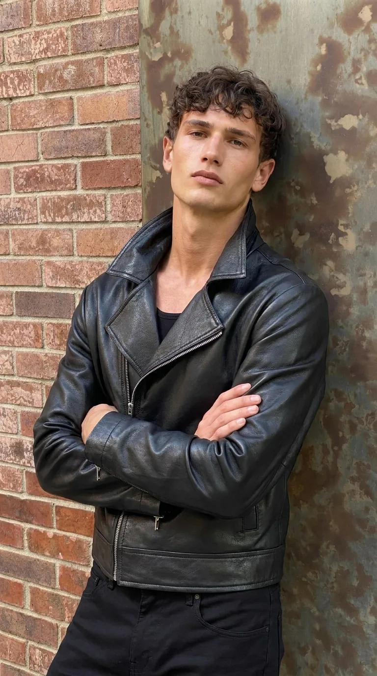 Man wearing Buneri black leather biker jacket