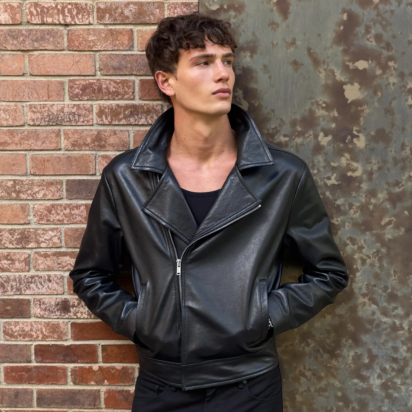 Man wearing Buneri black leather biker jacket