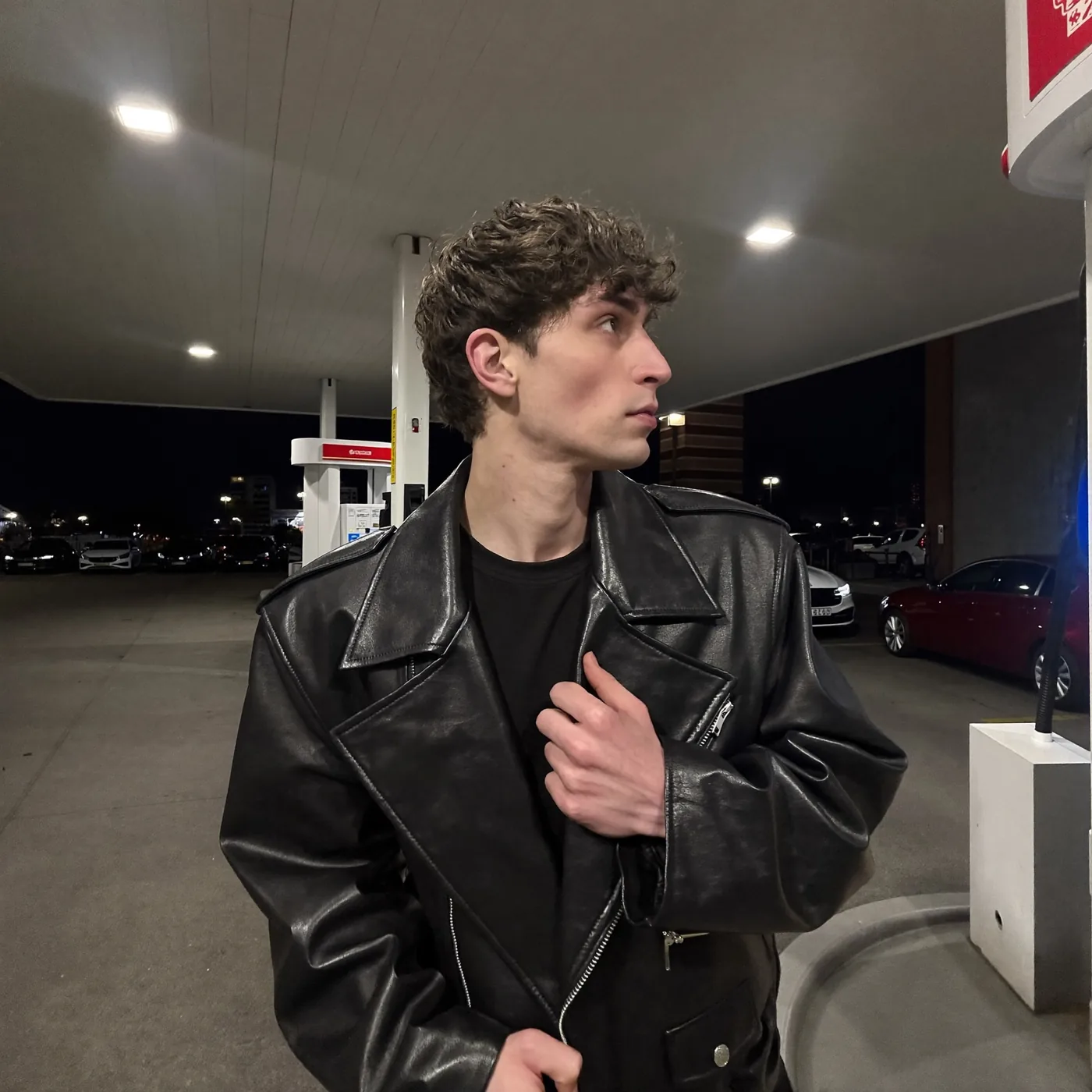 Man wearing Buneri black leather biker jacket