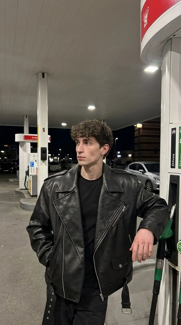Man wearing Buneri black leather biker jacket