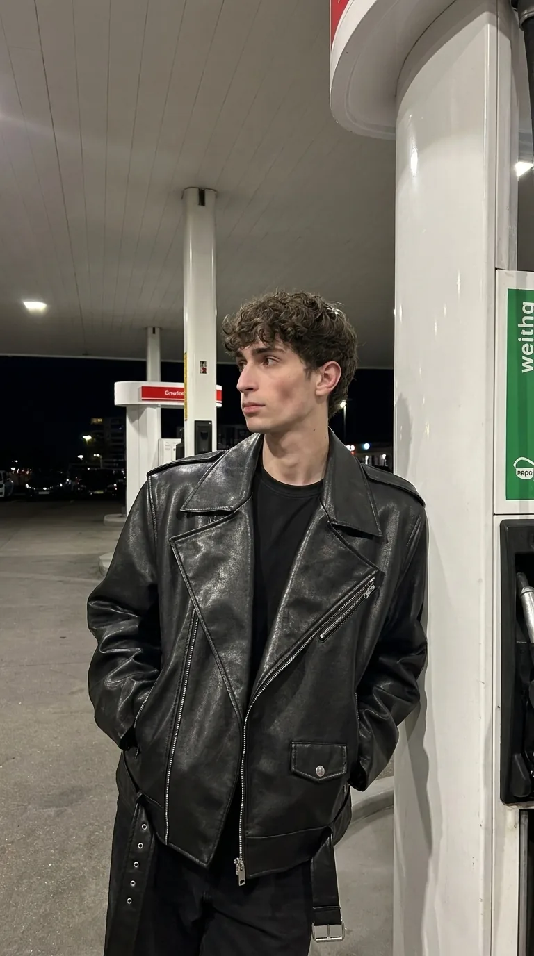 Man wearing Buneri black leather biker jacket