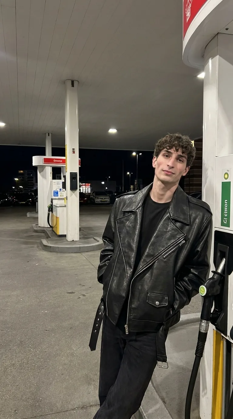 Man wearing Buneri black leather biker jacket