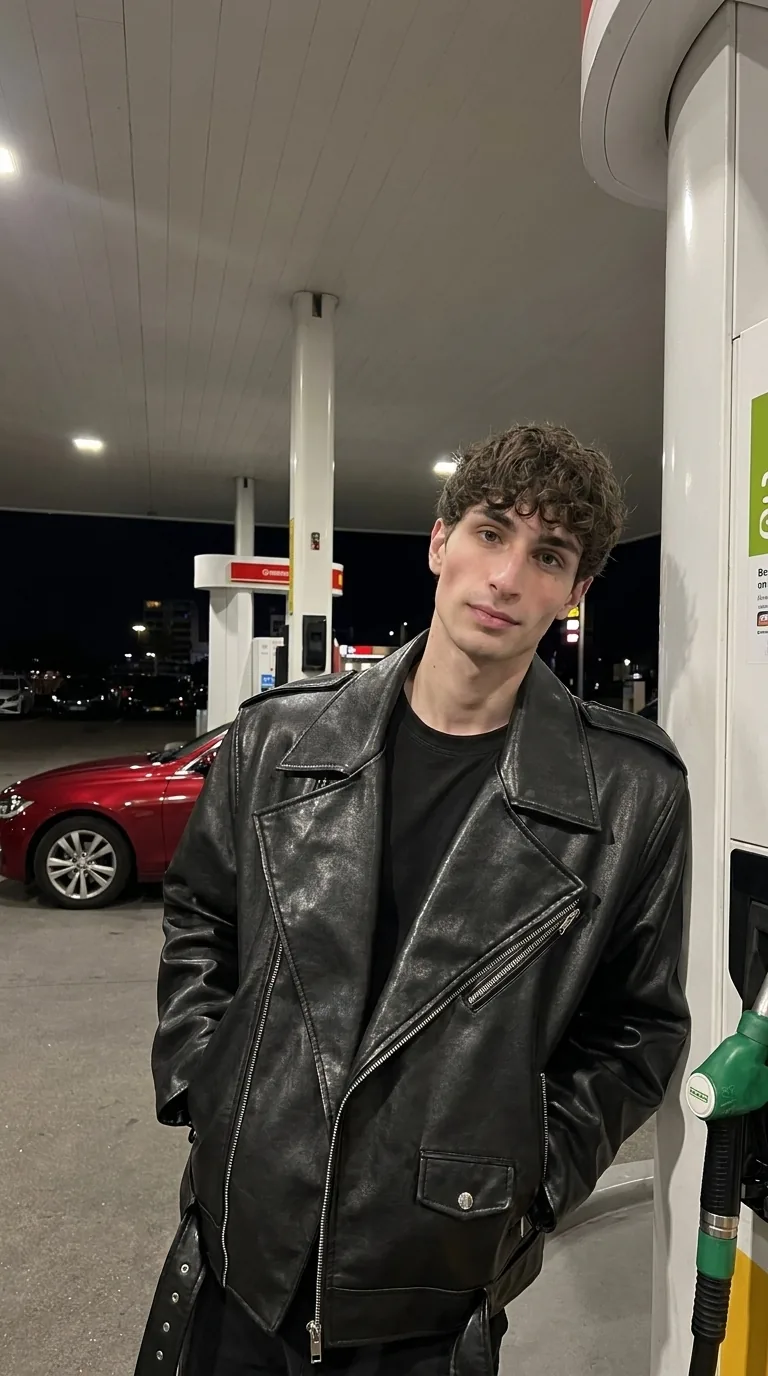 Man wearing Buneri black leather biker jacket