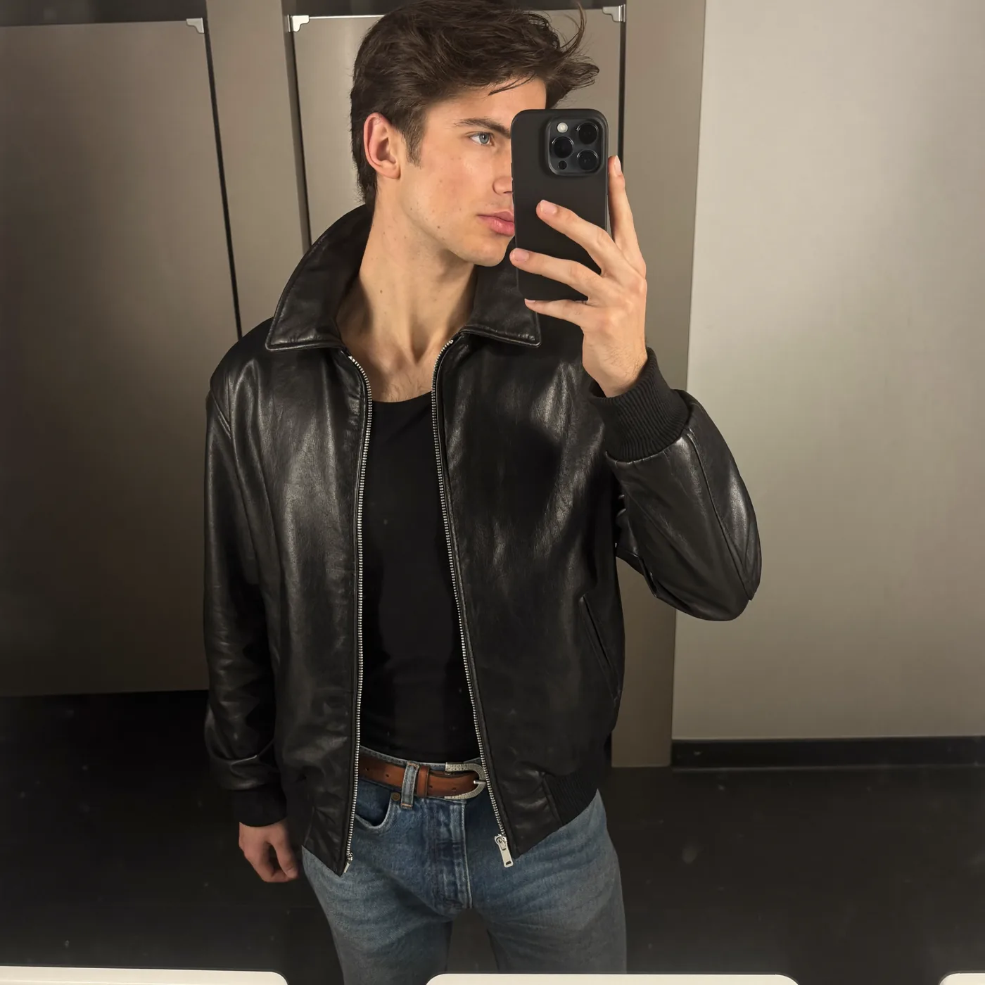 Man wearing Buneri black leather jacket
