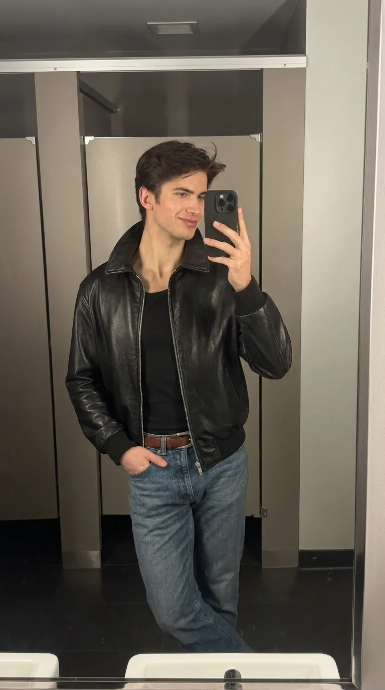 Man wearing Buneri black leather jacket