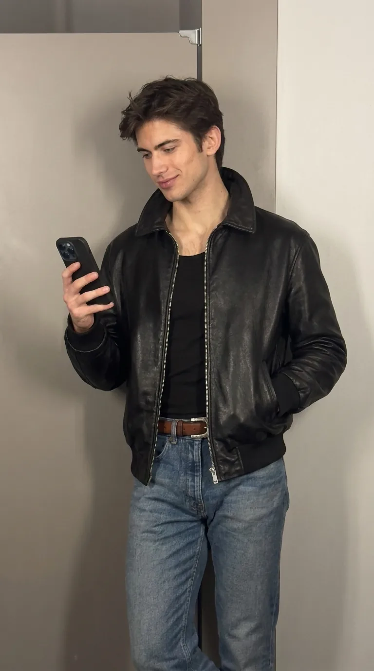 Man wearing Buneri black leather jacket