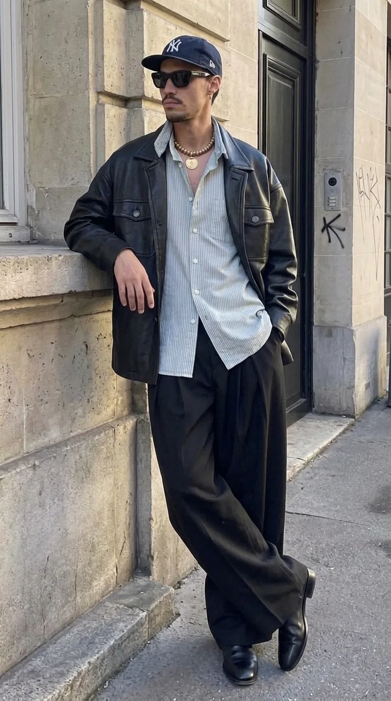 Man wearing Buneri black leather jacket