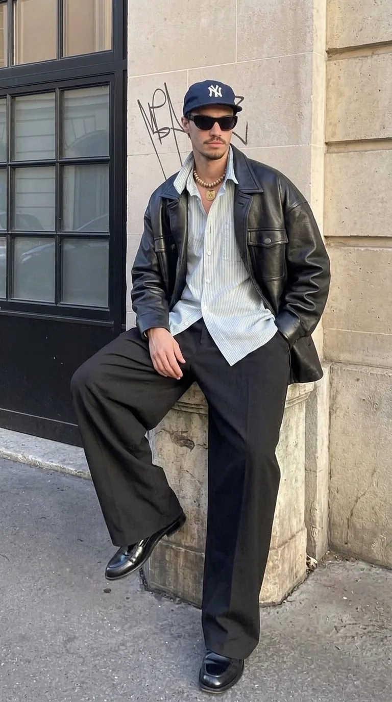 Man wearing Buneri black leather jacket