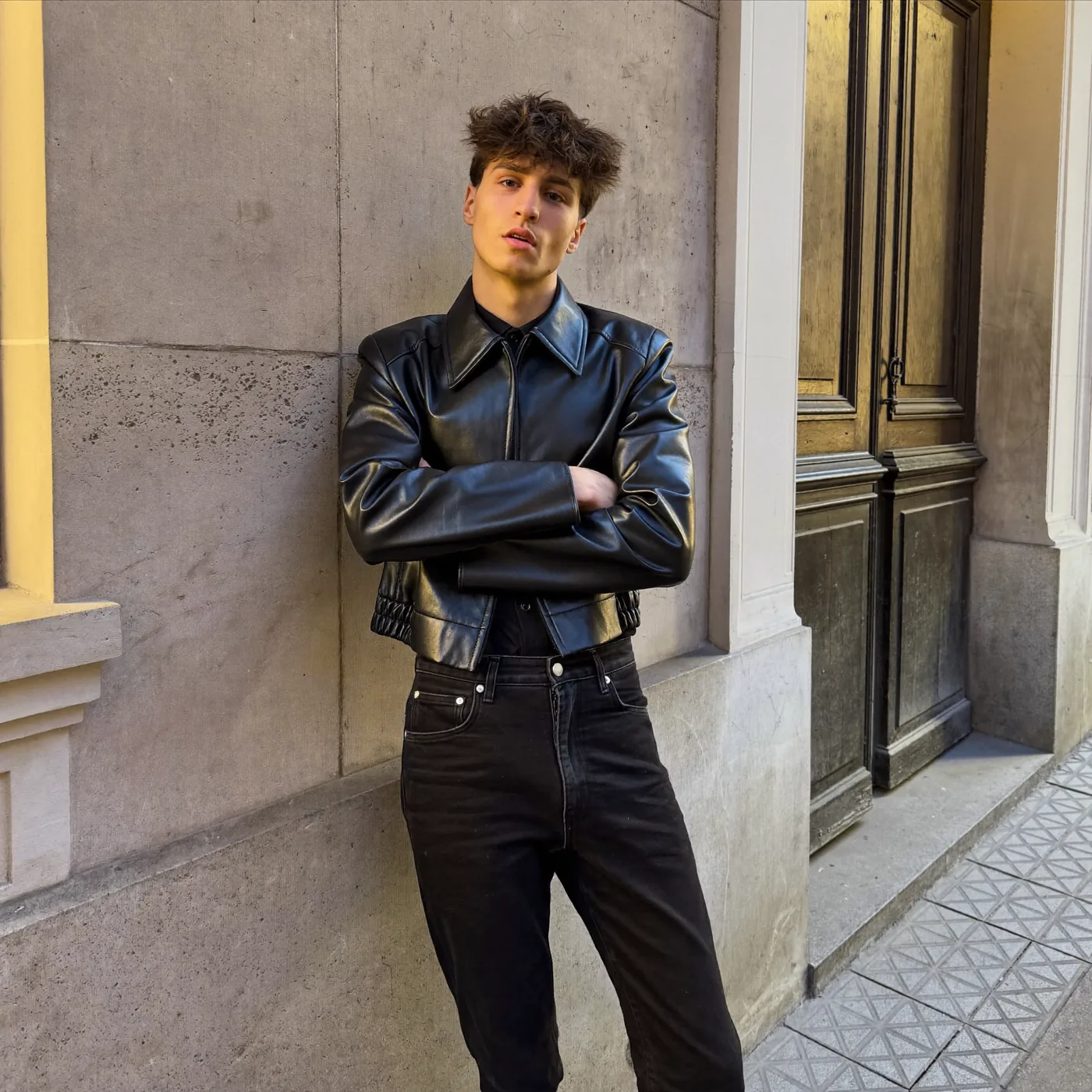 Man wearing Buneri black leather jacket