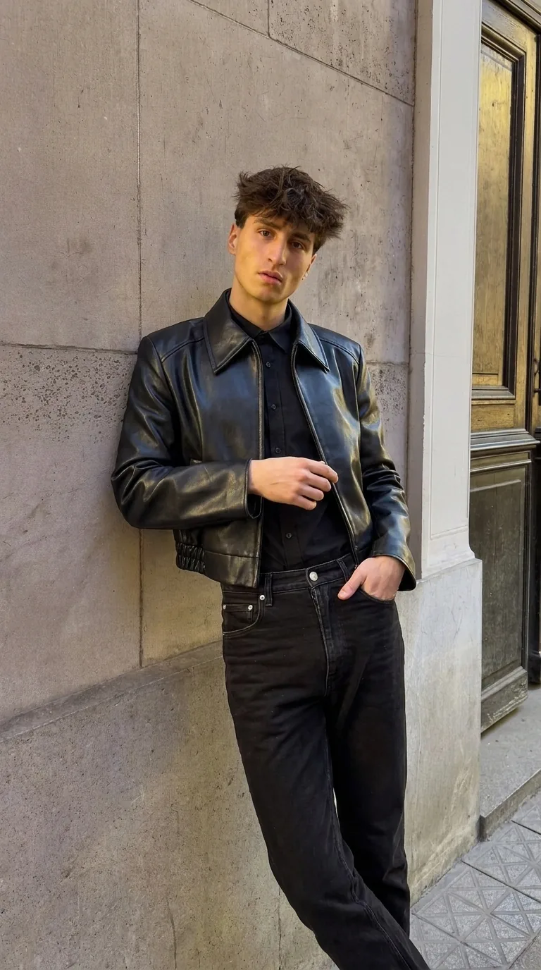 Man wearing Buneri black leather jacket