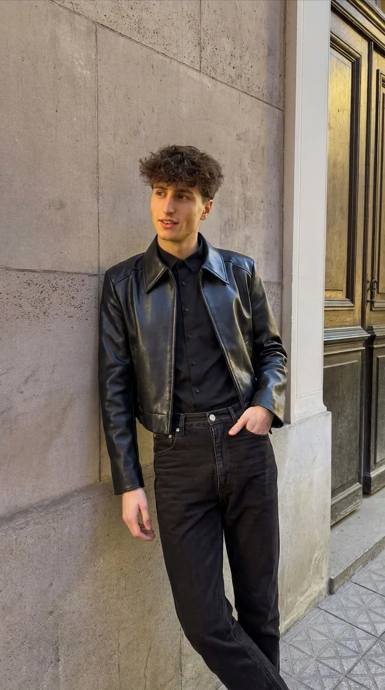 Man wearing Buneri black leather jacket