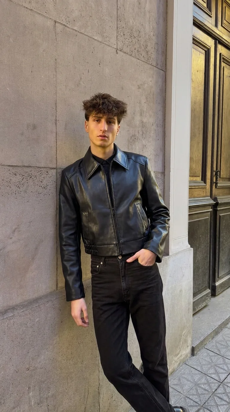 Man wearing Buneri black leather jacket