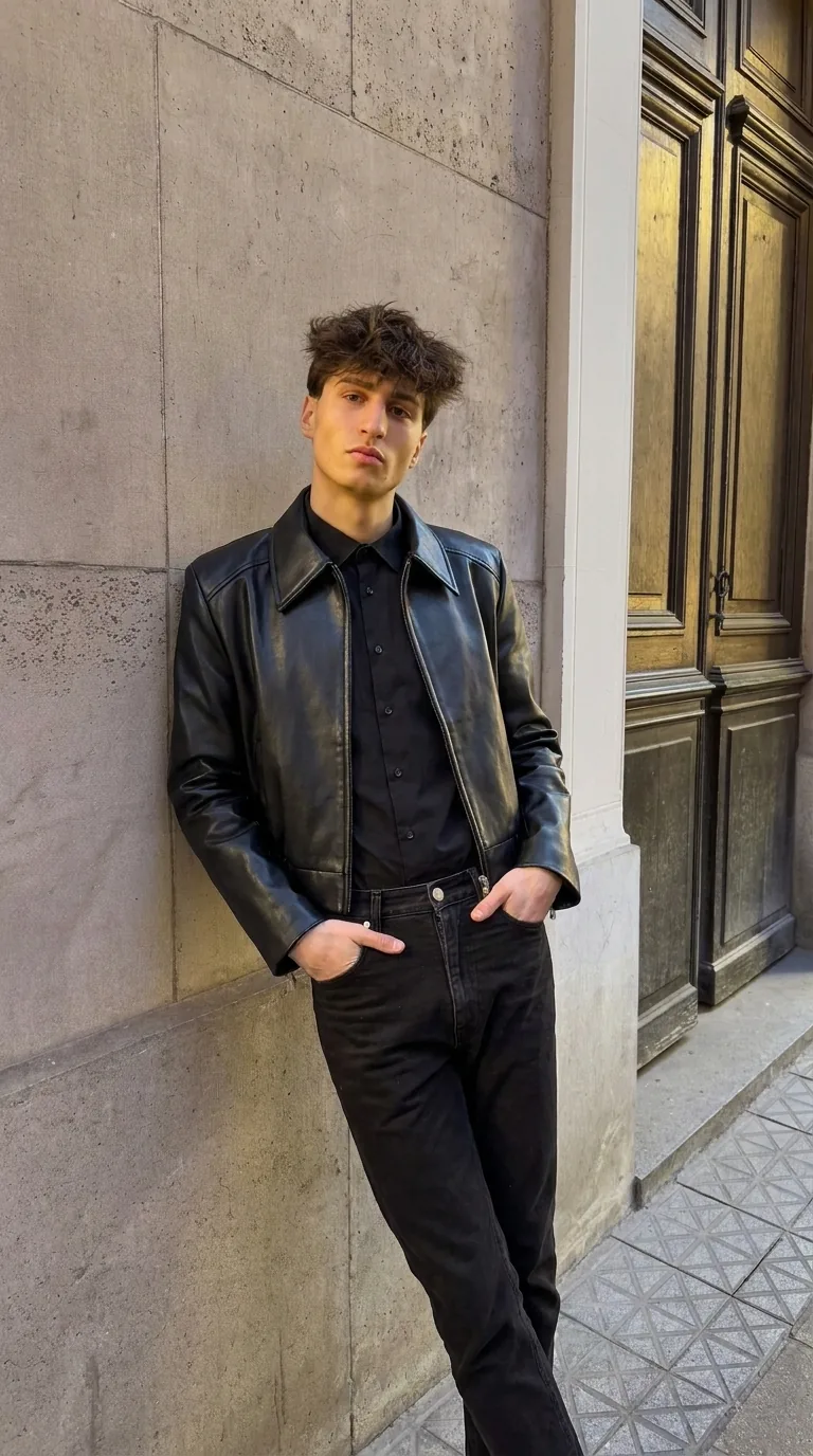 Man wearing Buneri black leather jacket