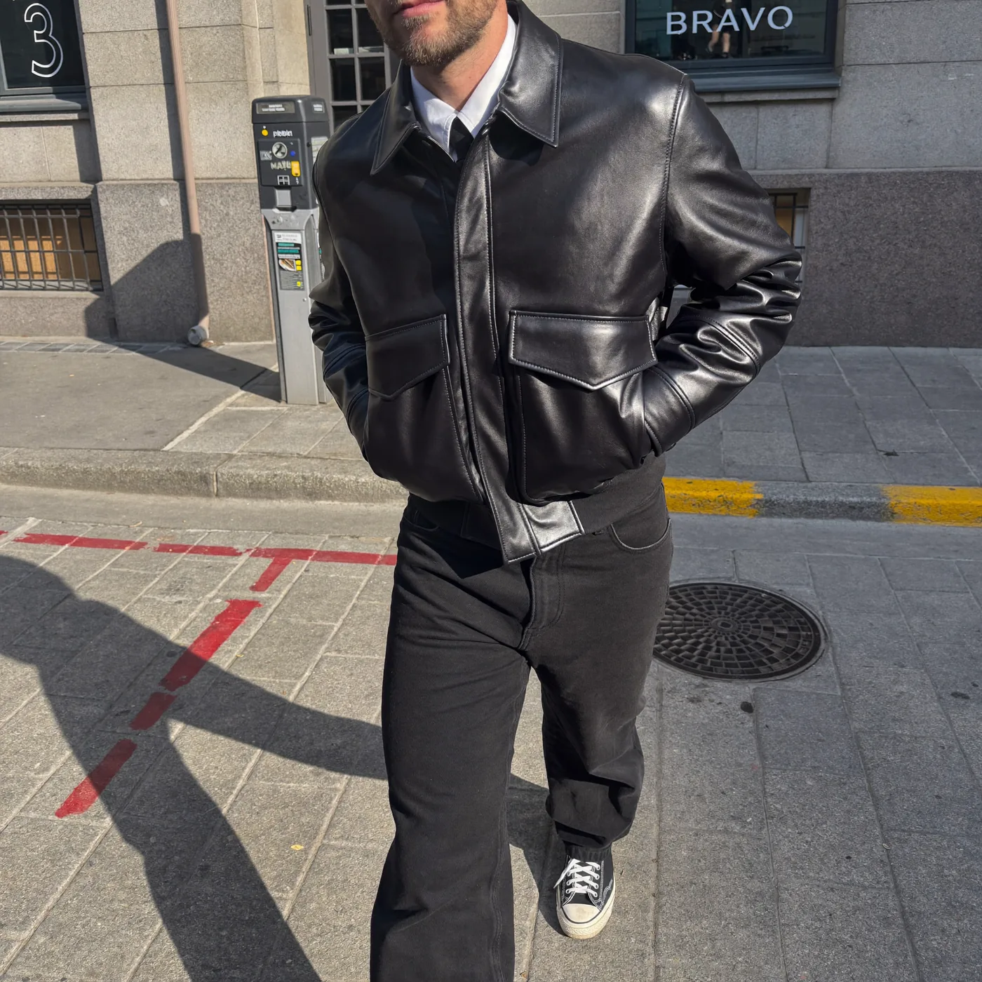 Man wearing Buneri black leather jacket