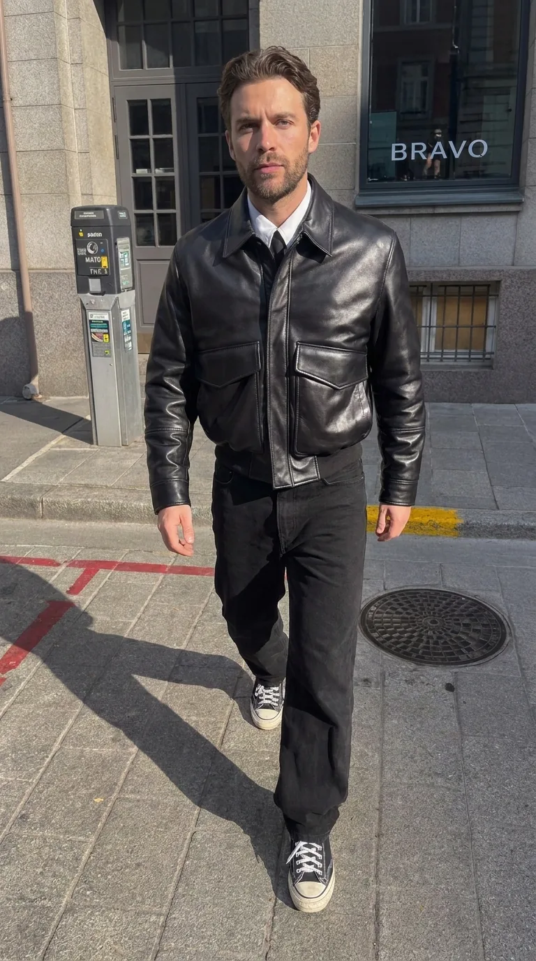 Man wearing Buneri black leather jacket