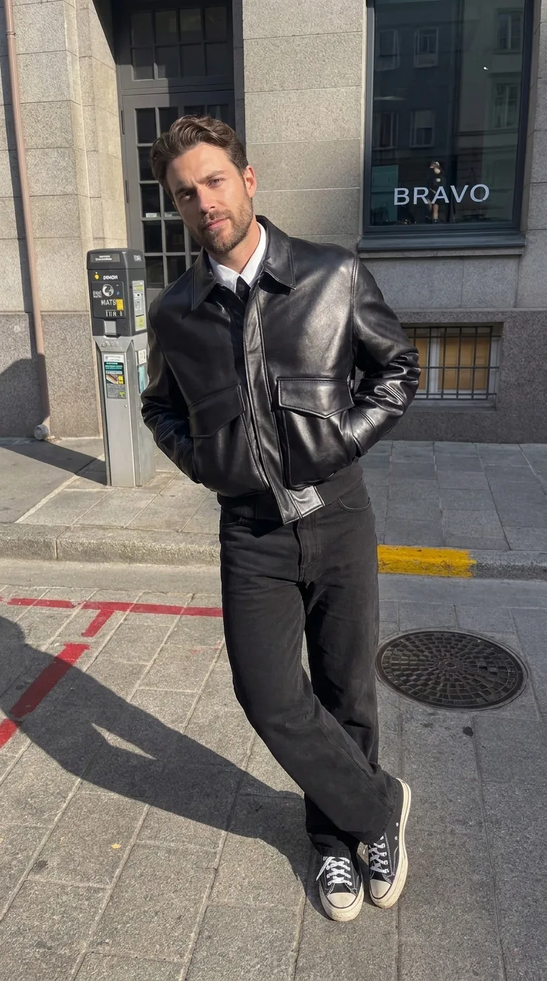 Man wearing Buneri black leather jacket