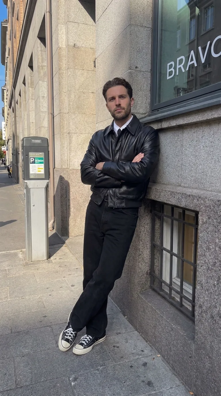 Man wearing Buneri black leather jacket