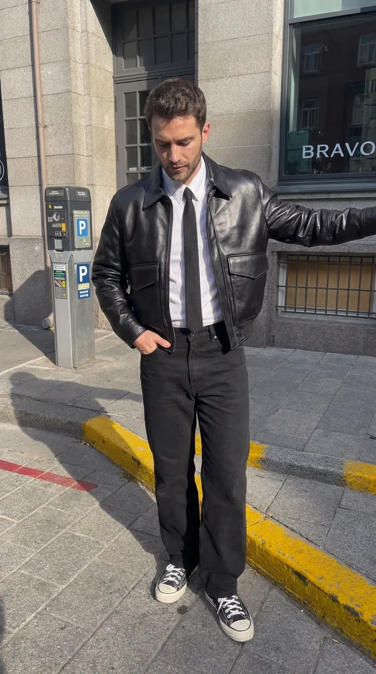 Man wearing Buneri black leather jacket
