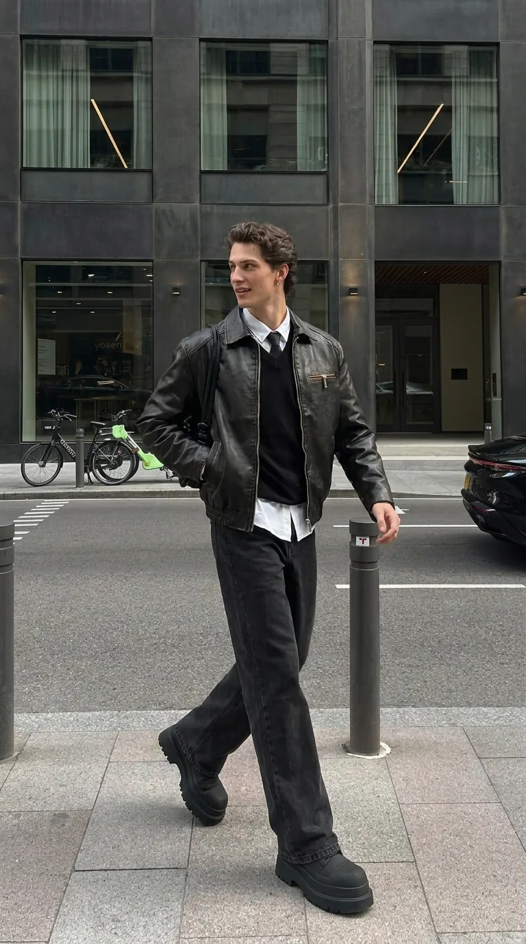 Man wearing Buneri black leather jacket