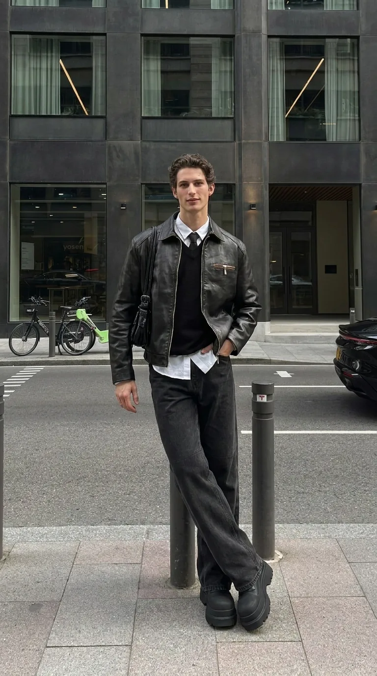 Man wearing Buneri black leather jacket