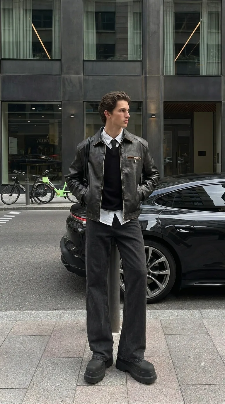 Man wearing Buneri black leather jacket
