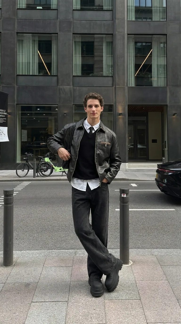 Man wearing Buneri black leather jacket