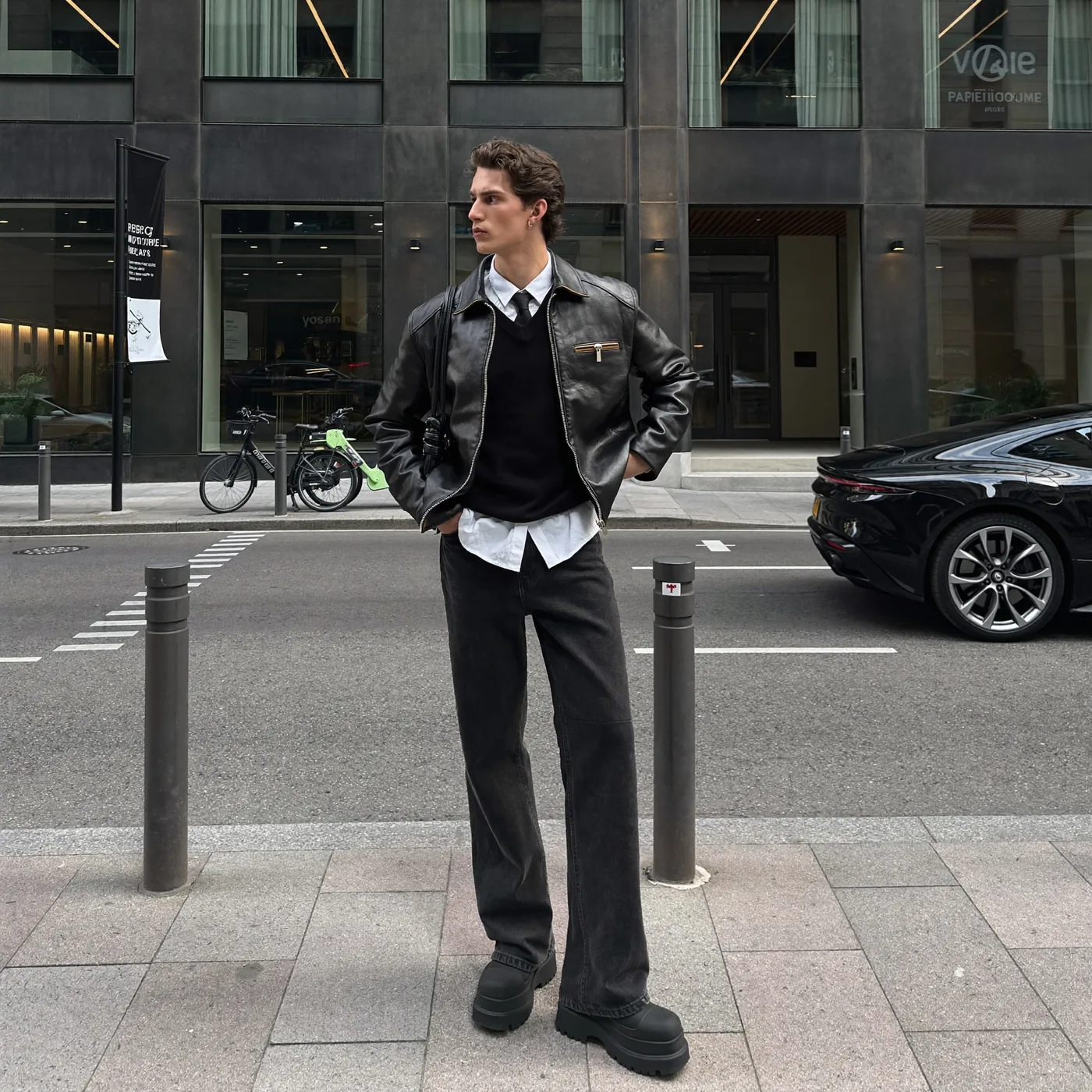 Man wearing Buneri black leather jacket