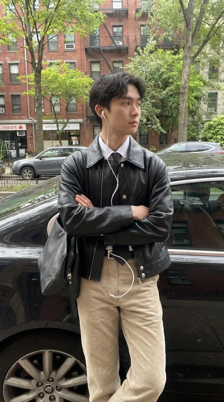 Man wearing Buneri black leather jacket