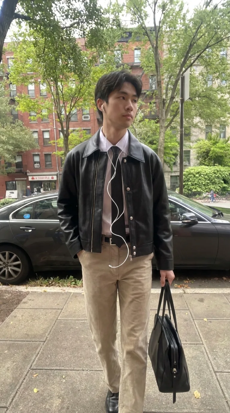 Man wearing Buneri black leather jacket