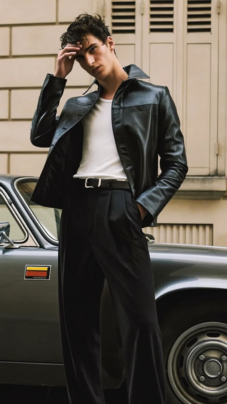 Man wearing Buneri black leather jacket
