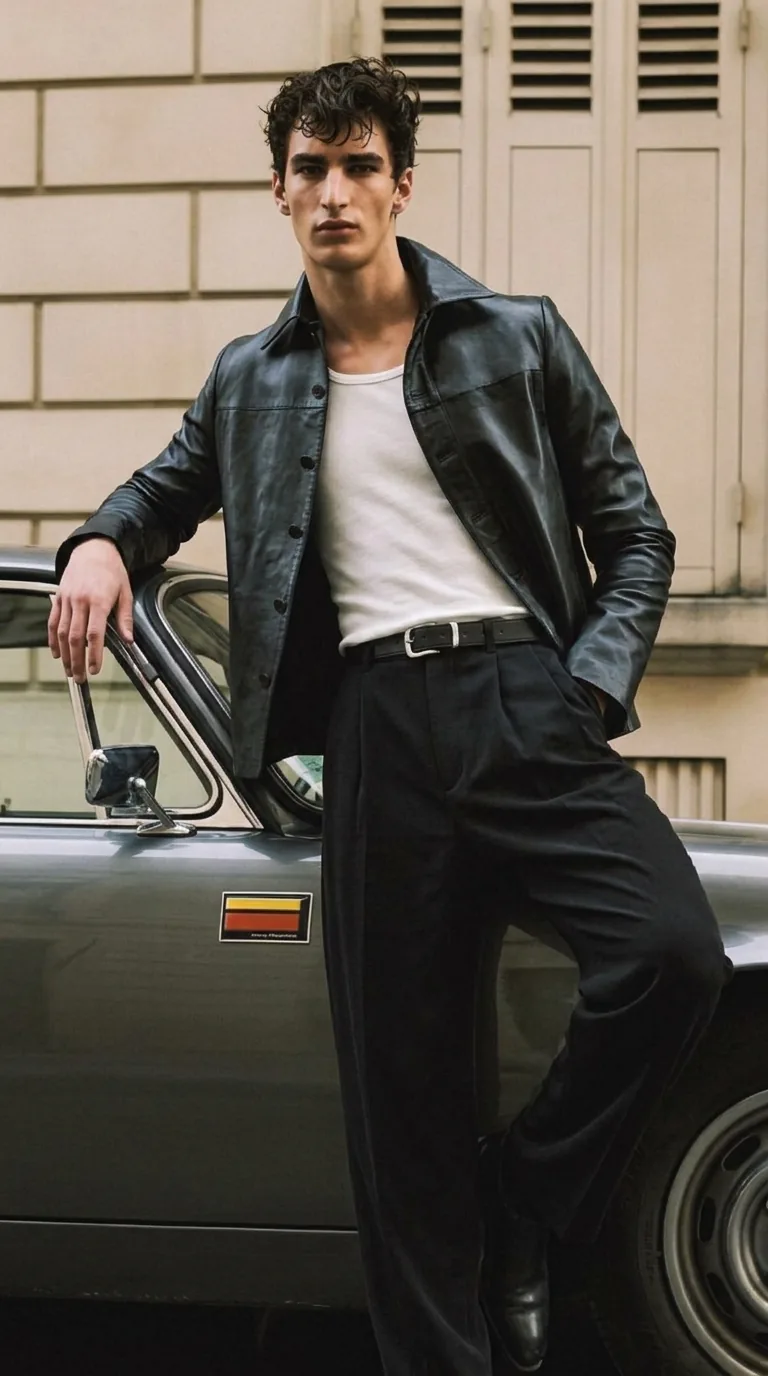 Man wearing Buneri black leather jacket