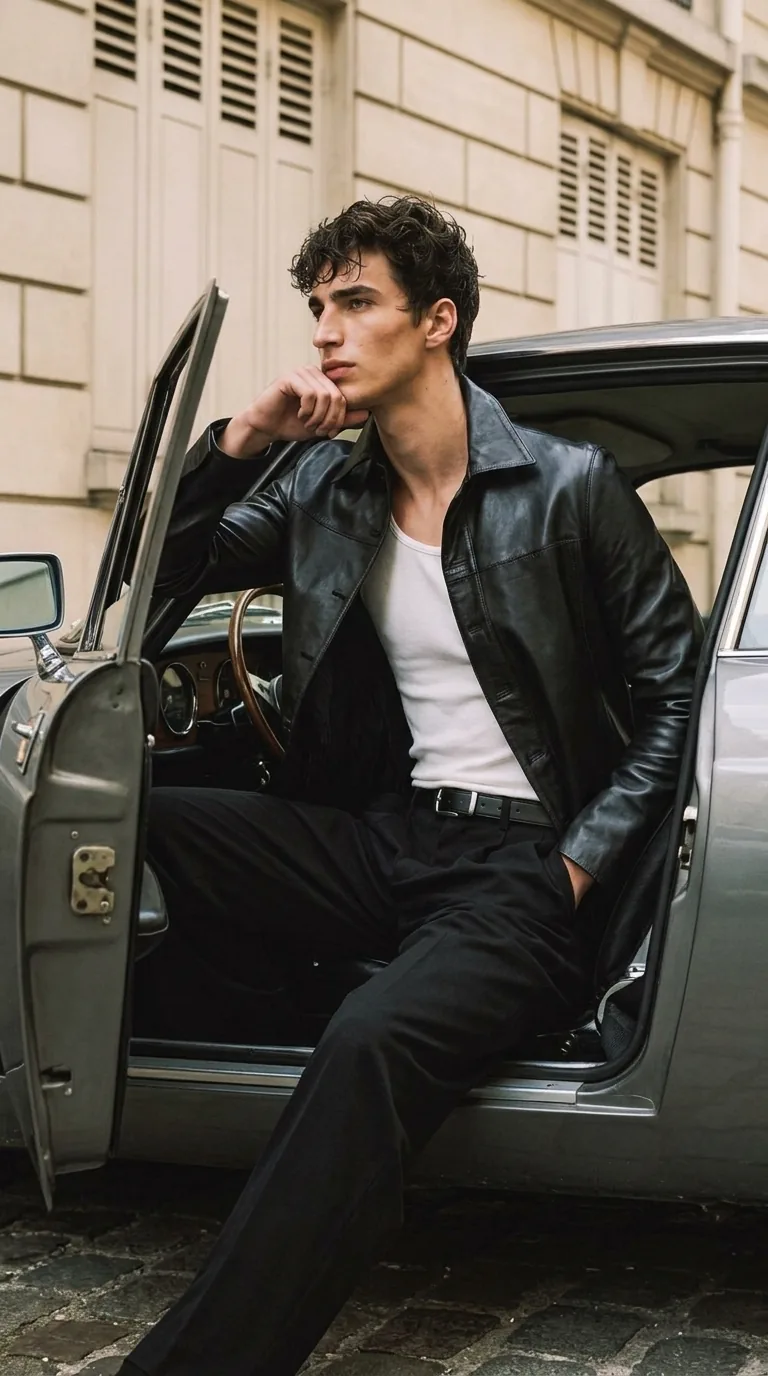 Man wearing Buneri black leather jacket