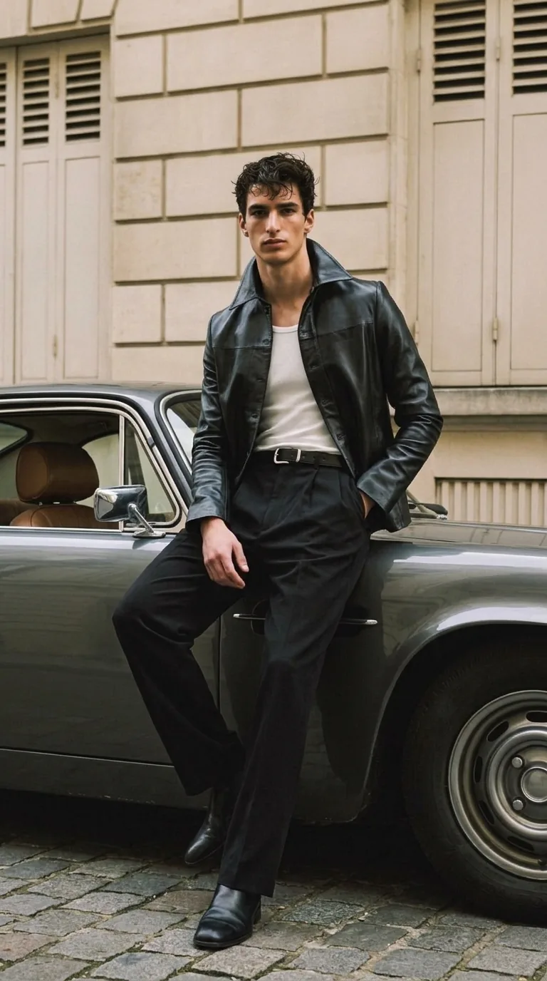Man wearing Buneri black leather jacket