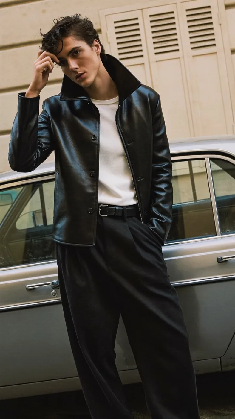 Man wearing Buneri black leather jacket