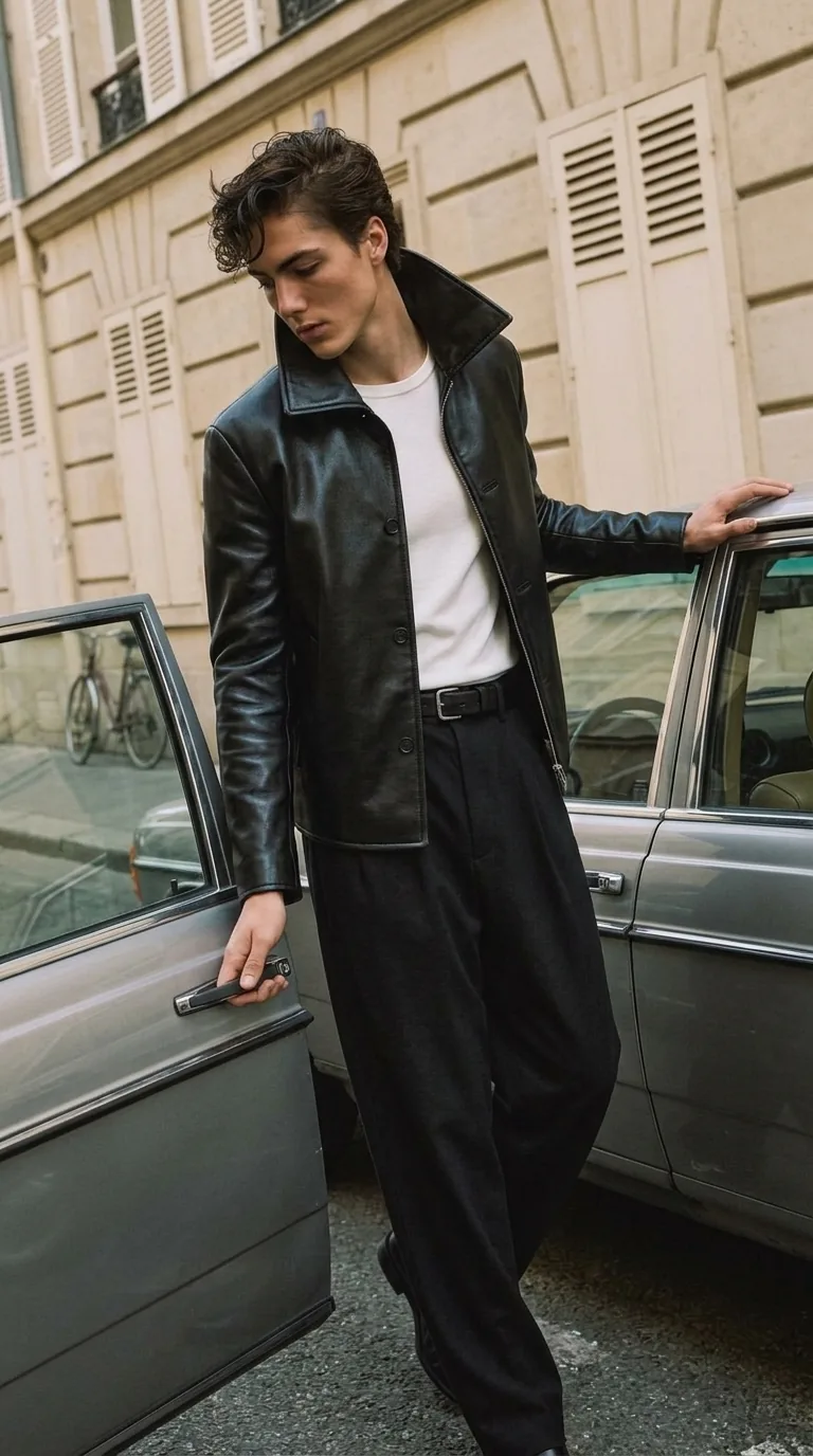 Man wearing Buneri black leather jacket
