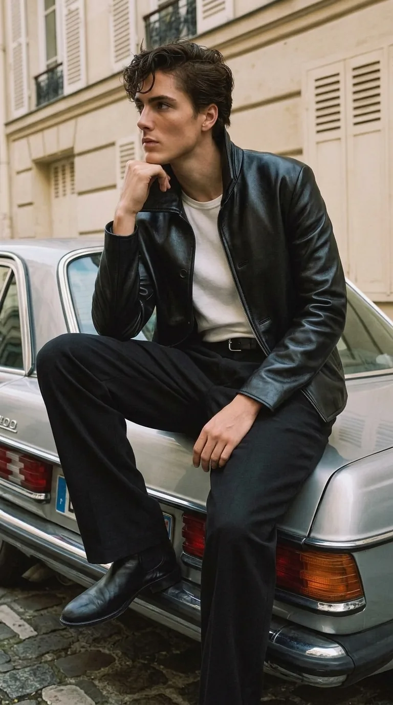 Man wearing Buneri black leather jacket