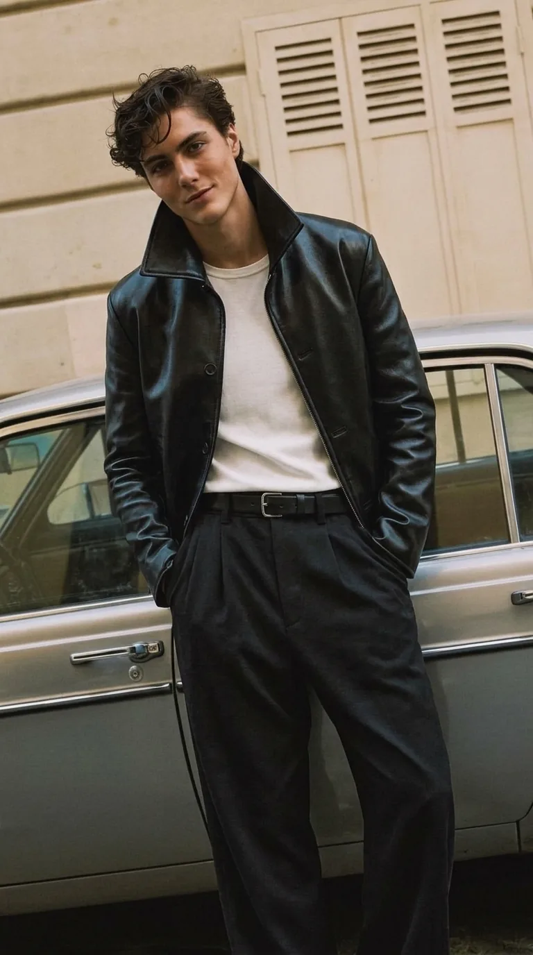 Man wearing Buneri black leather jacket