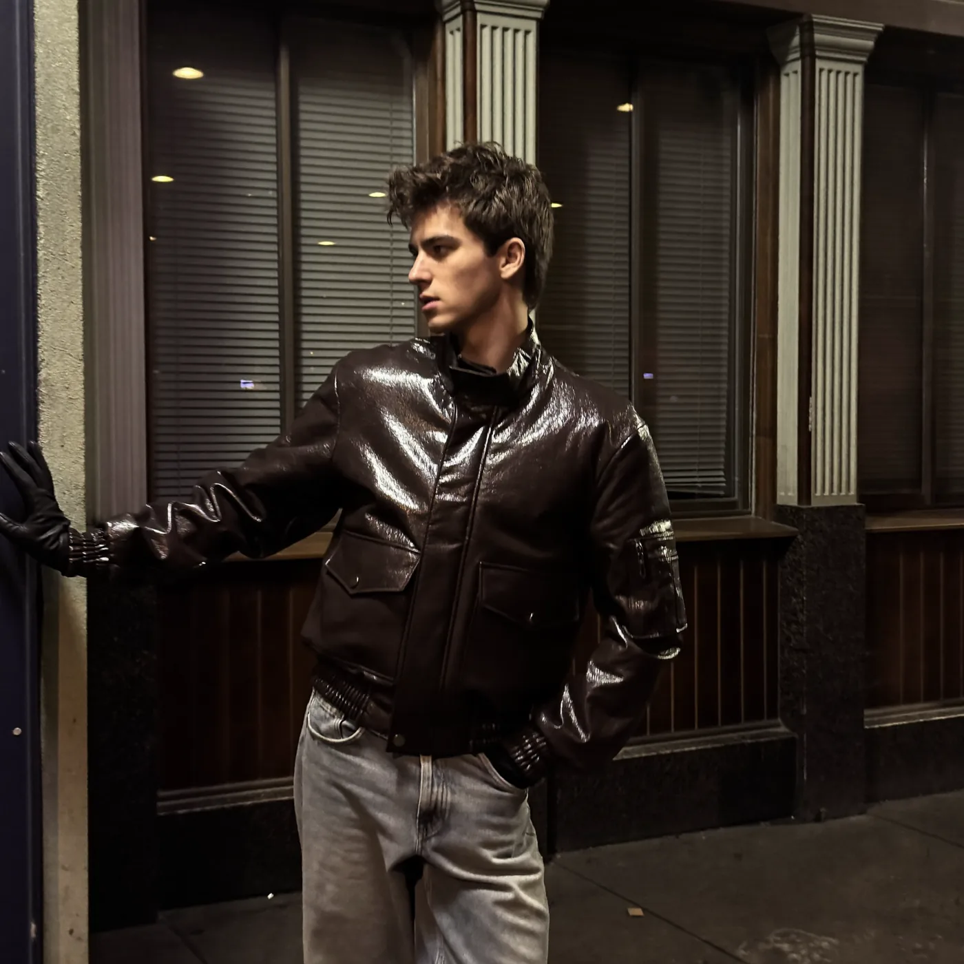 Man wearing Buneri brown leather jacket